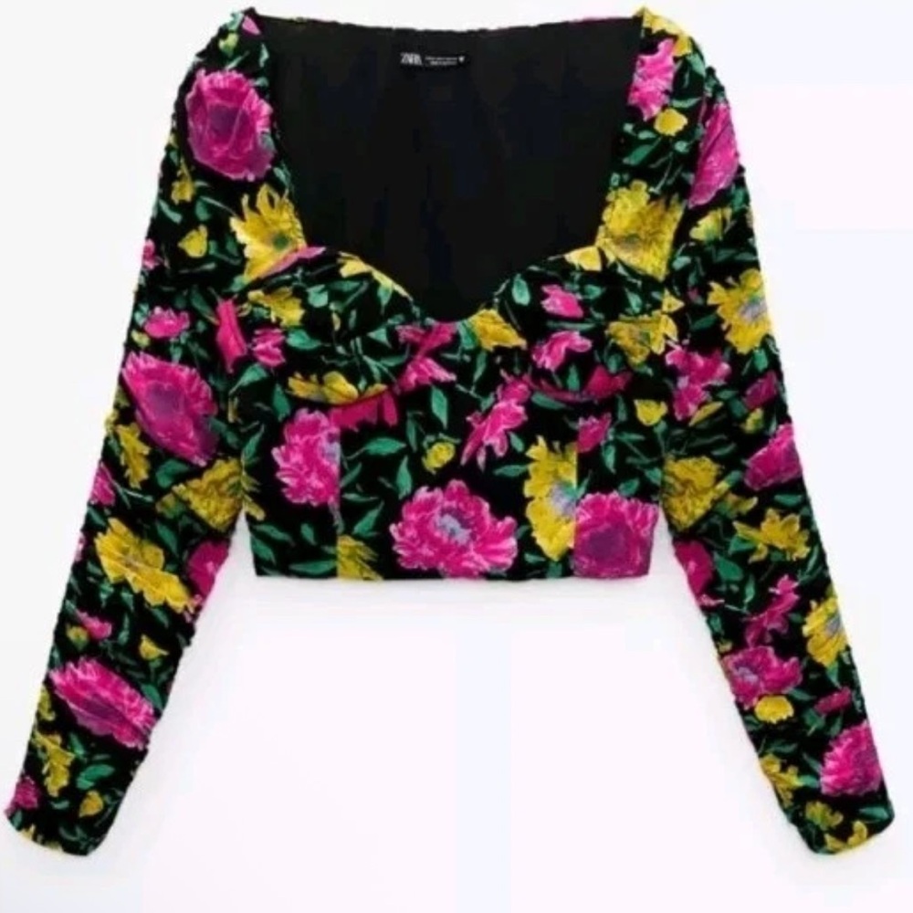 Zara Women’s Floral Print Sweetheart Neckline Long‎ Sleeve Crop Top - Picture 3 of 6